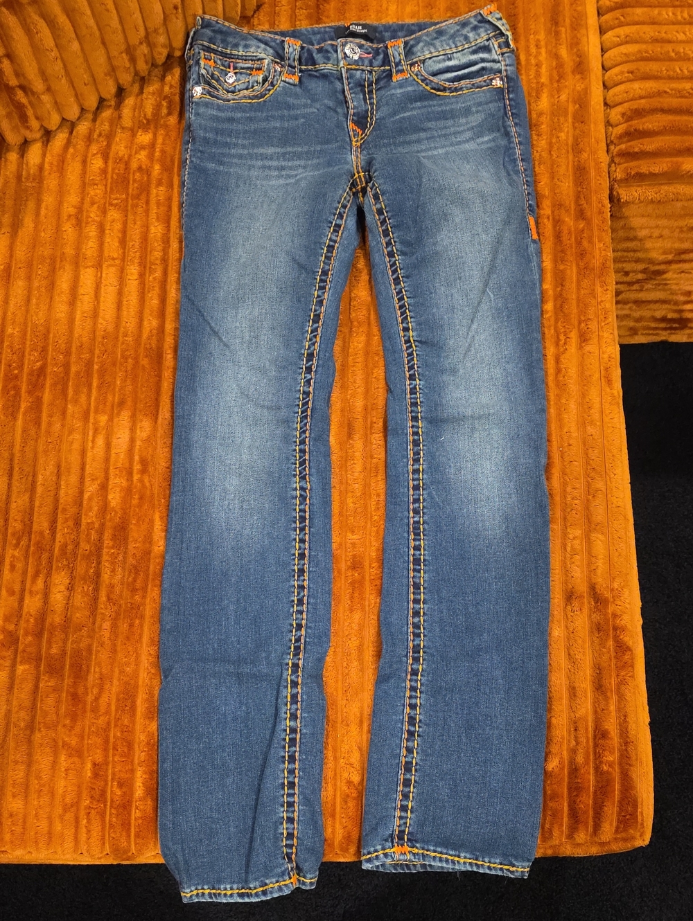 True Religion Blue Straight Leg Jeans with Contrast Stitching
